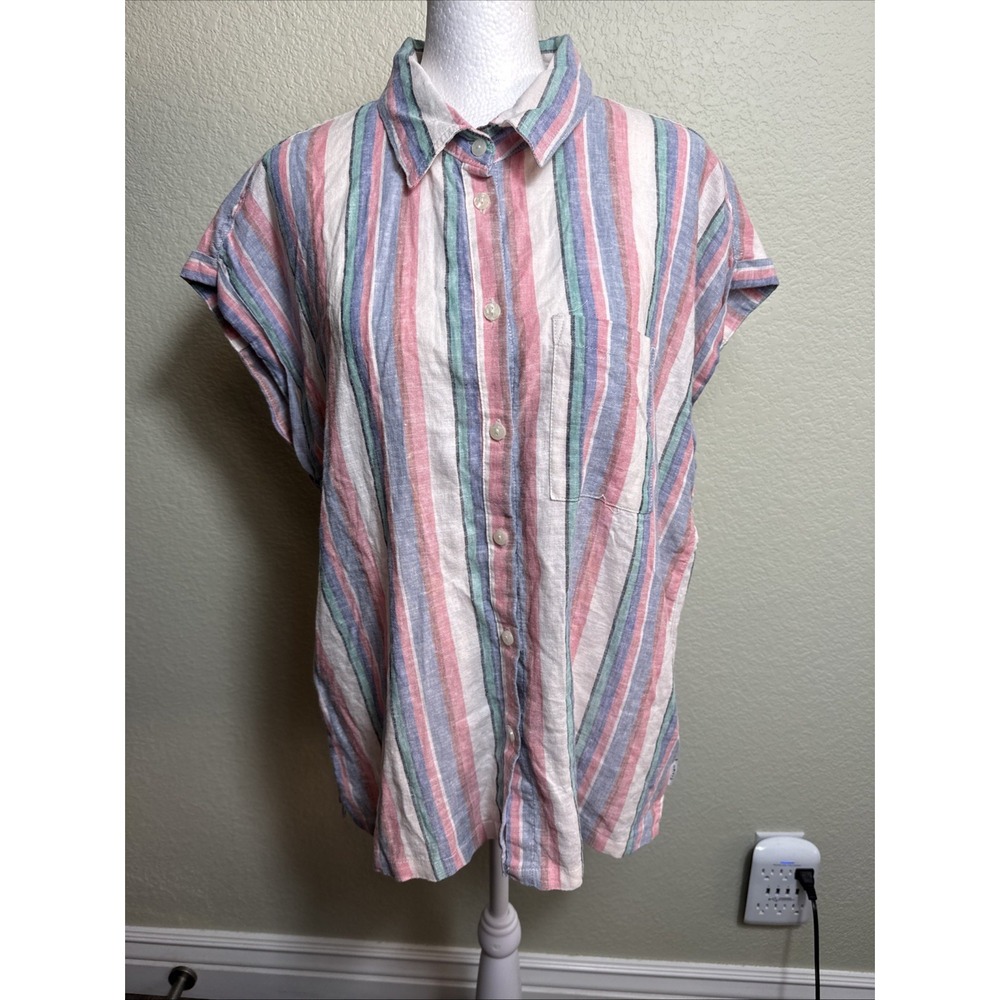 Orvis Shirt Medium Womens Linen Rayon Striped Short Sleeve Pastel Button Up Top